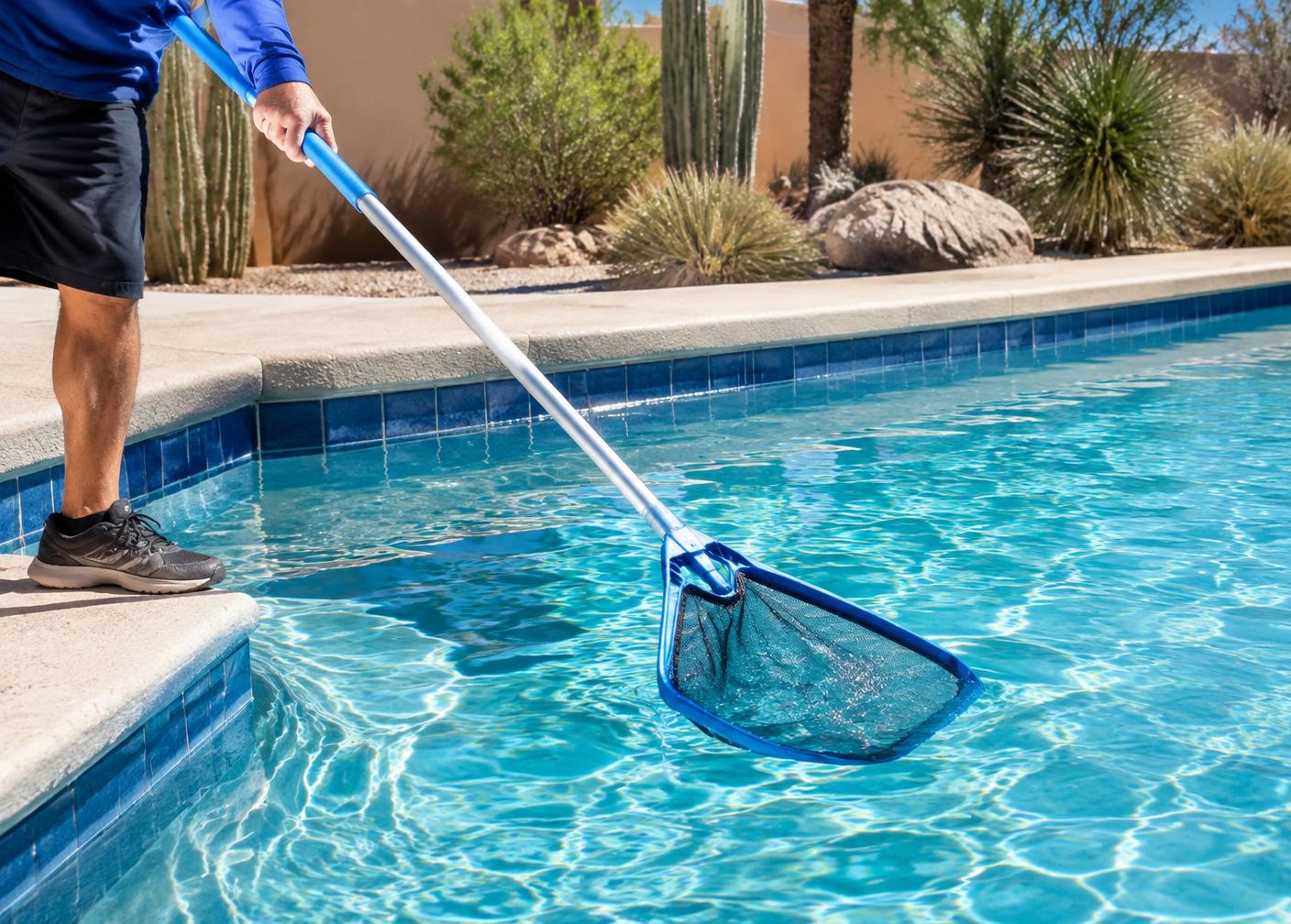 Pool being skimmed with a net in a desert backyard